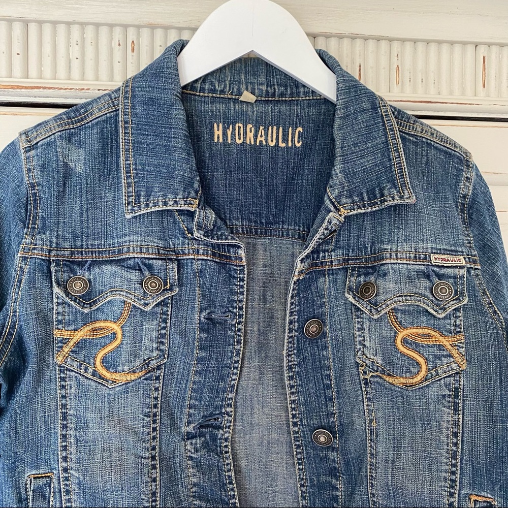 Hydraulic Denim Blue Jean jacket button front Medium Festival Fall Rodeo School - Picture 3 of 8
